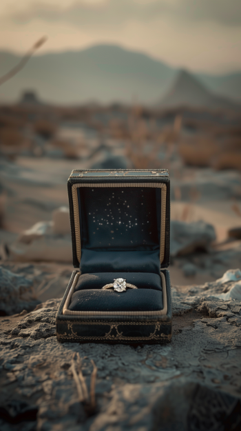 Phone wallpaper featuring a diamond ring presented in an open box set against a blurred natural backdrop with rocks and a soft sky.