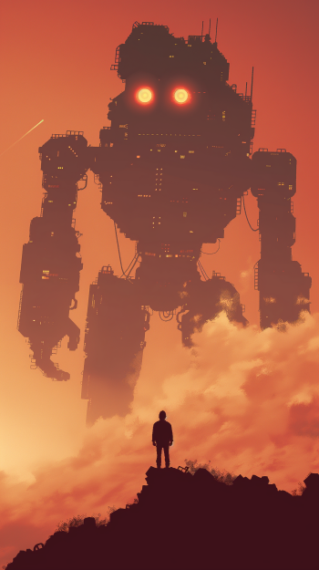 Phone wallpaper featuring a towering robot with glowing red eyes looming over a small figure standing on a rocky outcrop, set against a moody red sky.