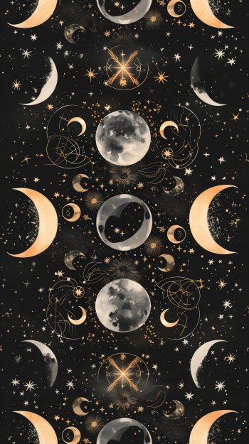 A phone wallpaper depicting various moon phases and crescent moons surrounded by stars and celestial patterns on a dark background.