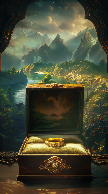 Phone wallpaper featuring a gold ring in an ornate box, set against a mystical landscape with mountains and a river under a starry sky.