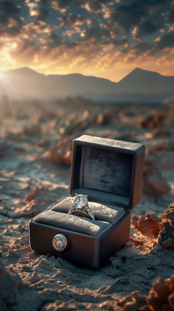 Diamond ring displayed in an open box against a desert sunset backdrop, creating an elegant phone wallpaper.