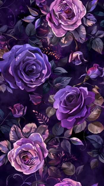 Phone wallpaper featuring an artistic design of enchanted purple roses set against a dark, leafy background.