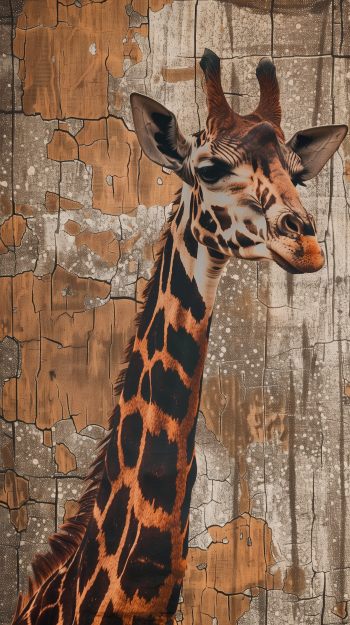 A giraffe gracefully stretches its neck against a rustic, weathered wood background, designed for use as a phone wallpaper.