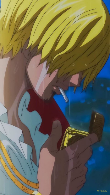 Phone wallpaper featuring Sanji from One Piece anime, lighting a cigarette with detailed shading, designed for iPhones and Android phones.