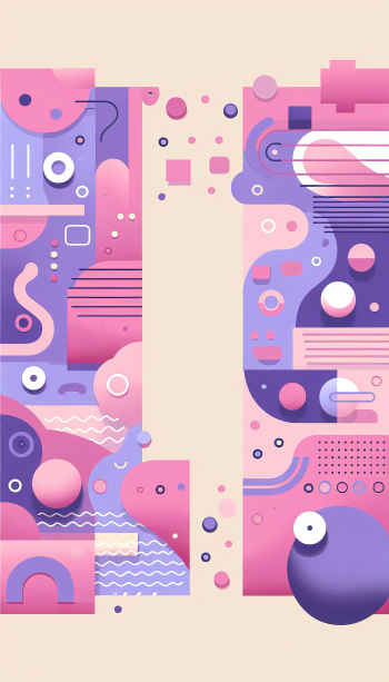 Abstract geometric phone wallpaper featuring a modern color palette with pink, purple, and blue tones, enhanced by playful shapes and dots.