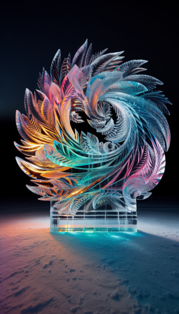 Intricate ice sculpture of a swirling feather design illuminated in rainbow colors against a dark background, designed as a phone wallpaper.