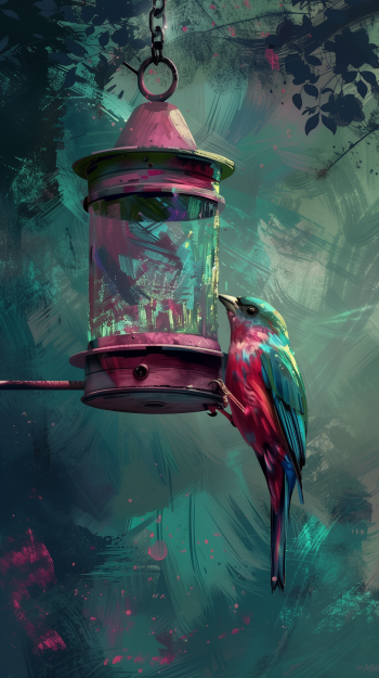 A vibrant bird perched next to a whimsical feeder, set against an artistic backdrop of teal and pink hues, makes for a captivating phone wallpaper.