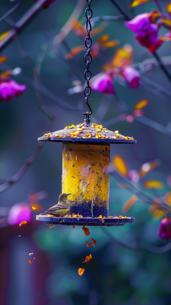 A vibrant phone wallpaper featuring a small bird perched on a yellow bird feeder surrounded by colorful autumn foliage.