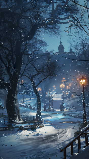 Snow-covered park at night with illuminated street lamps and gentle snowfall, ideal for a winter-themed phone wallpaper.