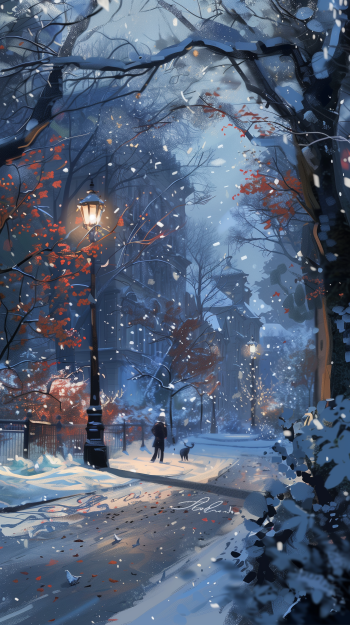 Phone wallpaper depicting a snowy park at dusk with falling snowflakes, a glowing street lamp, and a figure walking a dog under winter trees.