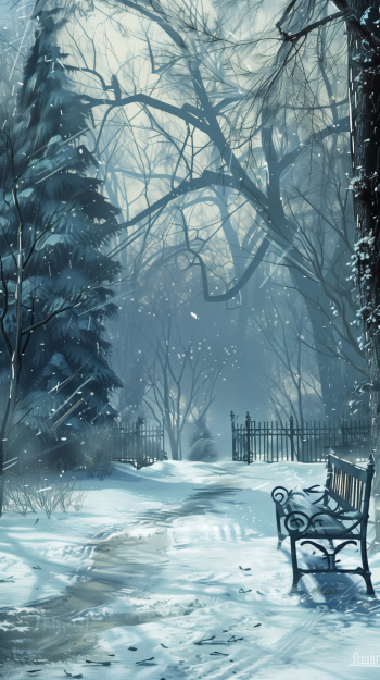 Snow-covered park with a pathway leading through tall trees and an iron bench, designed as a serene phone wallpaper.