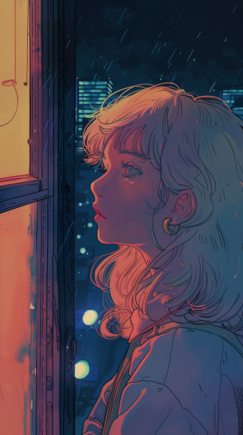 Phone wallpaper depicting a melancholic lo-fi girl gazing out a window on a rainy night, artistically rendered in vibrant blue and pink hues.