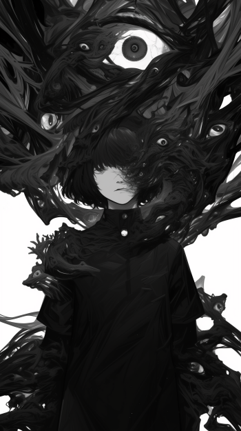 Anime-style phone wallpaper featuring a character with obscured face standing amidst swirling dark tendrils with eyes.