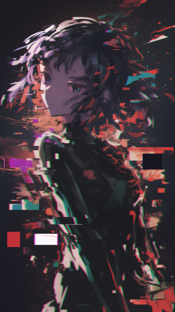 Anime girl with a dark, glitch art style in abstract colors designed for use as a phone wallpaper.