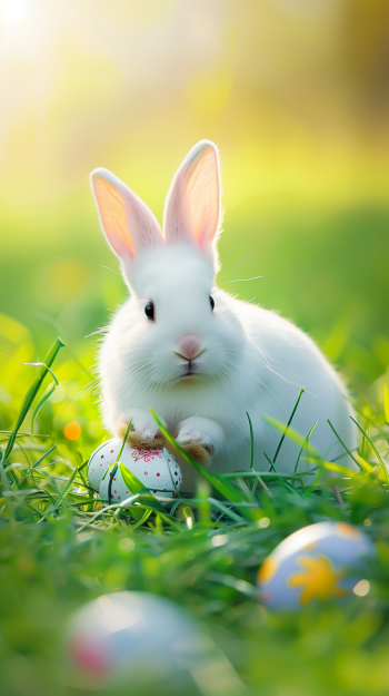 Easter bunny-themed phone wallpaper featuring a white rabbit with glowing pink ears among grass and colorful eggs in sunlight.