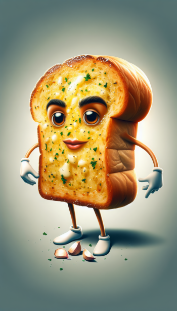 Phone wallpaper featuring an anthropomorphic slice of garlic bread with a cheerful face, walking on tiny feet, set against a dark background.