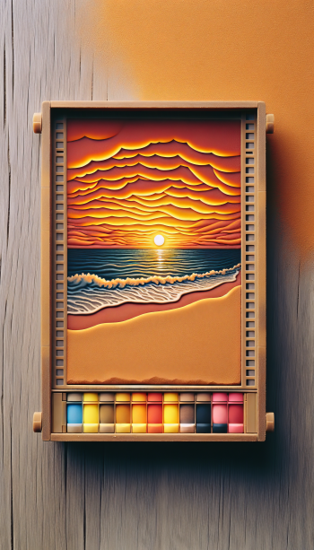 Sand art depicting a sunset over ocean waves in a wooden frame, doubling as a vibrant phone wallpaper.
