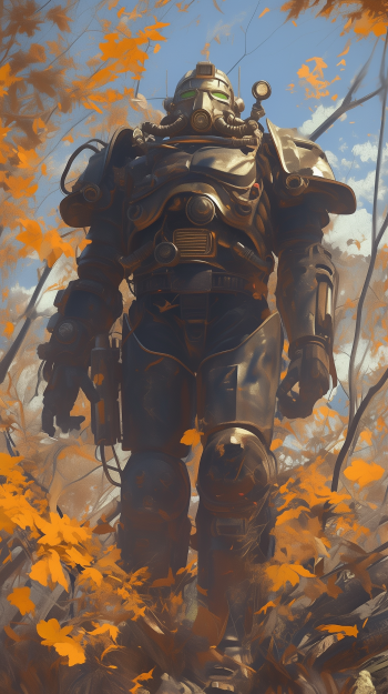 Phone wallpaper featuring T-60 power armor from Fallout, standing in an autumnal forest with vivid orange leaves.
