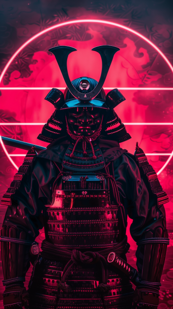 Phone wallpaper featuring a samurai in traditional armor set against a vibrant retro wave backdrop with a glowing red circle.