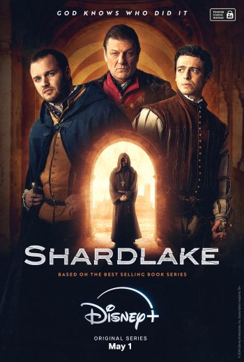 Phone wallpaper featuring three characters from the Disney+ TV series Shardlake, set against a dark, moody backdrop with a release date of May 1.