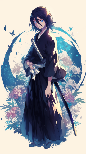 Anime-style illustration of Rukia Kuchiki from Bleach, depicted with a sword and surrounded by floral motifs, designed as a phone wallpaper.