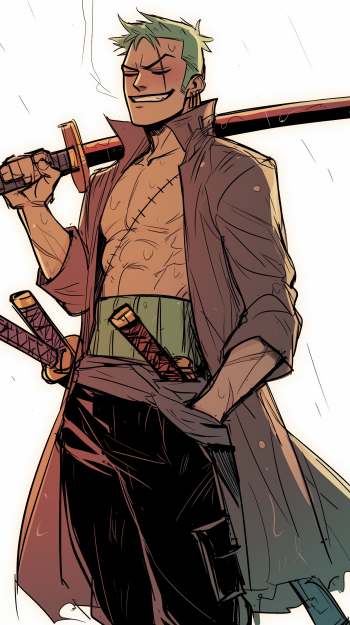 Anime phone wallpaper featuring Roronoa Zoro from One Piece holding a katana, styled in dynamic art.