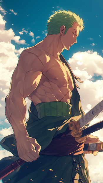 Phone wallpaper featuring Roronoa Zoro from One Piece, depicted with green hair, muscular build, and wielding a sword against a sky backdrop.