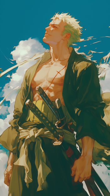 Anime-style portrait of Roronoa Zoro from One Piece, depicted with three swords, looking confidently upwards against a blue sky, designed as a phone wallpaper.