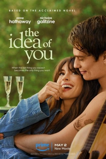 Phone wallpaper of The Idea of You movie poster featuring Anne Hathaway and Nicholas Galitzine, where a smiling woman leans on a man holding a guitar.
