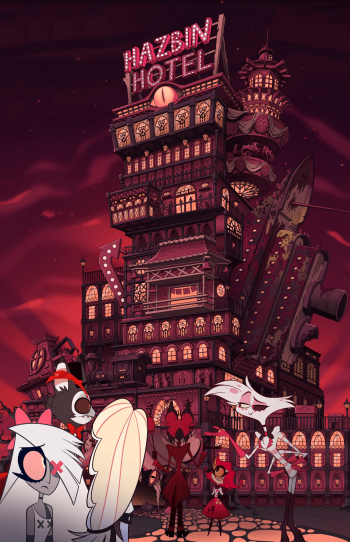 Phone wallpaper featuring Hazbin Hotel TV show, depicting characters in front of the hotel's towering, dark facade under a crimson sky.