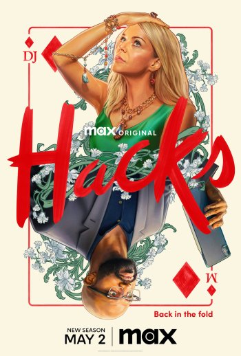 Phone wallpaper featuring a promotional poster for the TV show Hacks (2021) showing a woman and comedic elements, with the premiere date.