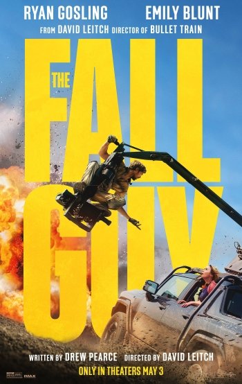 Phone wallpaper for The Fall Guy movie featuring an explosive action scene with a flying car and fiery background, starring Ryan Gosling and Emily Blunt.