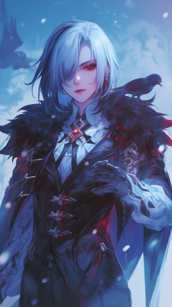 Arlecchino from Genshin Impact, depicted with silver hair and dark attire against a snowy blue background, makes a striking phone wallpaper.