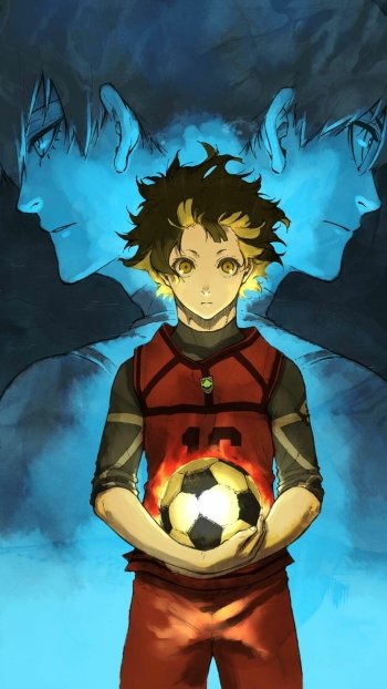 Anime phone wallpaper featuring Isagi Yoichi and Bachira Meguru from Blue Lock, depicted with intense expressions in a stylized, dark setting, holding a soccer ball.