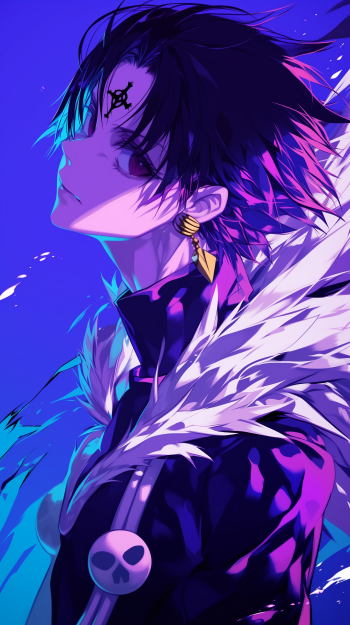 Anime-style phone wallpaper featuring Chrollo Lucilfer from Hunter x Hunter with a vivid blue backdrop and dynamic pose.