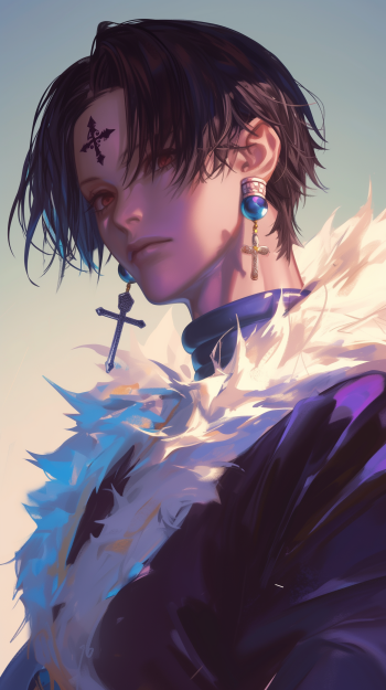 Anime-style phone wallpaper featuring Chrollo Lucilfer from Hunter x Hunter, depicted with a cross tattoo on his forehead and feathered jacket.