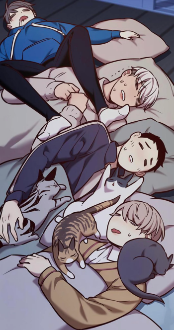 Anime-style phone wallpaper from Eleceed featuring four characters and two cats peacefully sleeping together.
