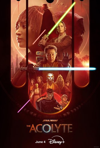 Phone wallpaper from the TV show The Acolyte (2024), featuring key characters and lightsabers, with the Disney+ release date.