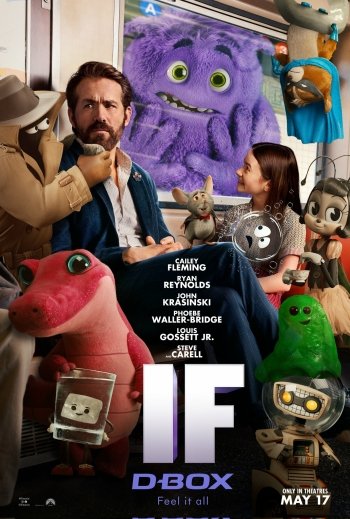 Phone wallpaper featuring the movie poster for IF (2024) with Ryan Reynolds and Cailey Fleming, surrounded by colorful, animated characters.
