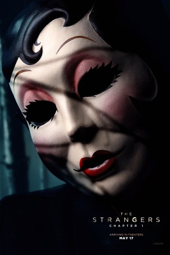 Phone wallpaper featuring a haunting face mask from the movie The Strangers: Chapter 1, with an eerie, dark background and dramatic shadows.