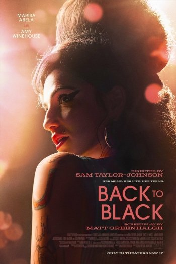 Phone wallpaper featuring the Back to Black movie poster with a profile image of Amy Winehouse. Text includes director Sam Taylor-Johnson and writer Matt Greenhalgh.