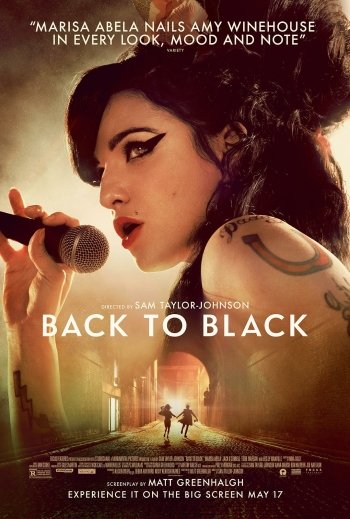 Phone wallpaper featuring the Back to Black movie poster, centered on a close-up of Amy Winehouse singing into a microphone, with the title and cast information prominently displayed.