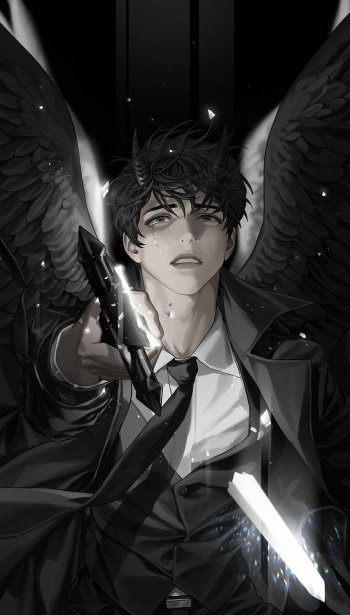 This phone wallpaper features an anime-style depiction of Kim Dokja from Omniscient Reader's Viewpoint, dressed in a suit with dark wings and holding a weapon, set against a dramatic monochrome background.