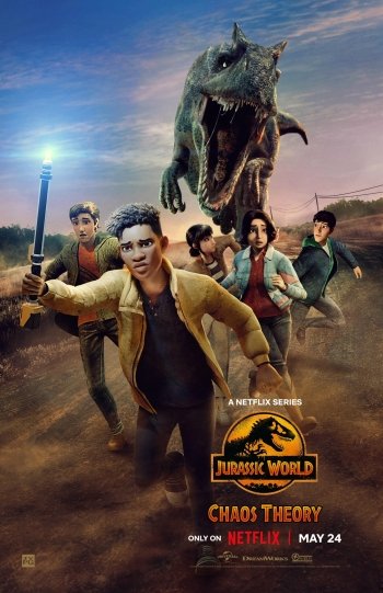 Phone wallpaper of the TV show Jurassic World: Chaos Theory. It features a group of characters running from a dinosaur, with the premiere date and Netflix branding included.