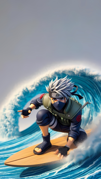 Phone wallpaper featuring Naruto anime character Kakashi surfing on a large wave, compatible with iPhones and Android devices.
