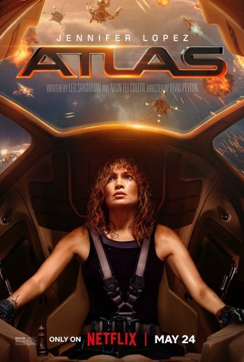Movie poster for Atlas (2024) featuring Jennifer Lopez in a futuristic setting, used as a phone wallpaper. The image highlights the film's release on Netflix, dated May 24.