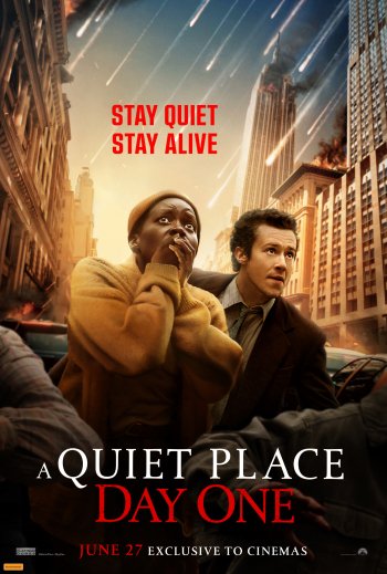 Phone wallpaper featuring A Quiet Place: Day One movie poster with Lupita Nyong'o and Joseph Quinn. Shows a cityscape, people in distress, and the tagline Stay Quiet, Stay Alive.