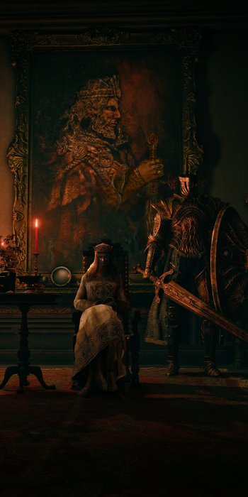 Wallpaper featuring a scene from the video game Elden Ring, depicting a knight in armor standing beside a seated figure, with a grand painting in the background.