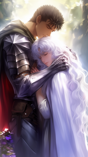 A captivating anime wallpaper featuring Guts and Griffith from Berserk, showcasing an emotional moment amid a serene backdrop, highlighting their complex relationship.