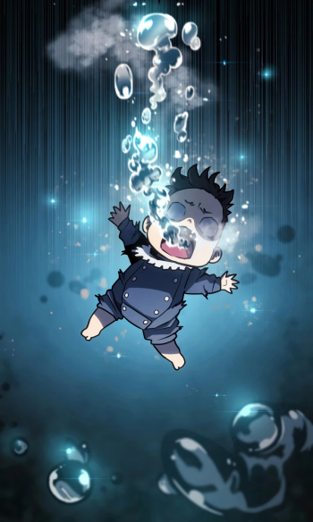 Phone wallpaper featuring chibi Vikir van Baskerville from the manhwa Revenge of the Iron-Blooded Sword Hound, underwater with bubbles rising toward the surface.